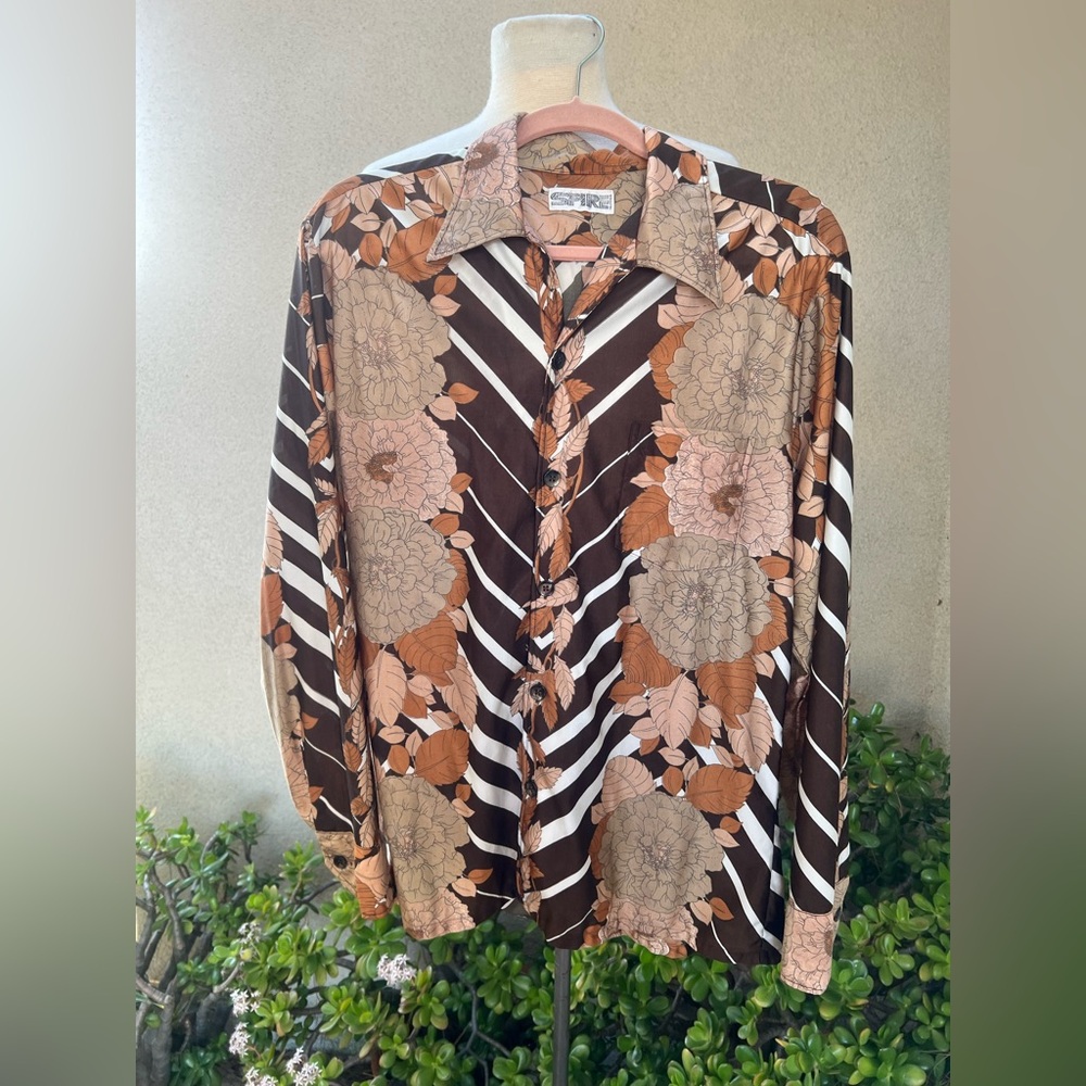 Vintage Disco men’s shirt browns floral polyester nylon Sz M/L Spire California